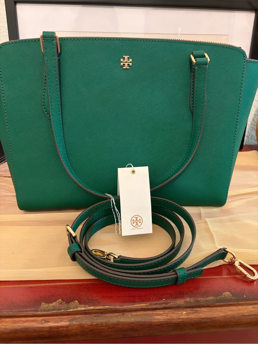 Tory Burch-Emerald stone color, Emerson small top zip tote. NWT.